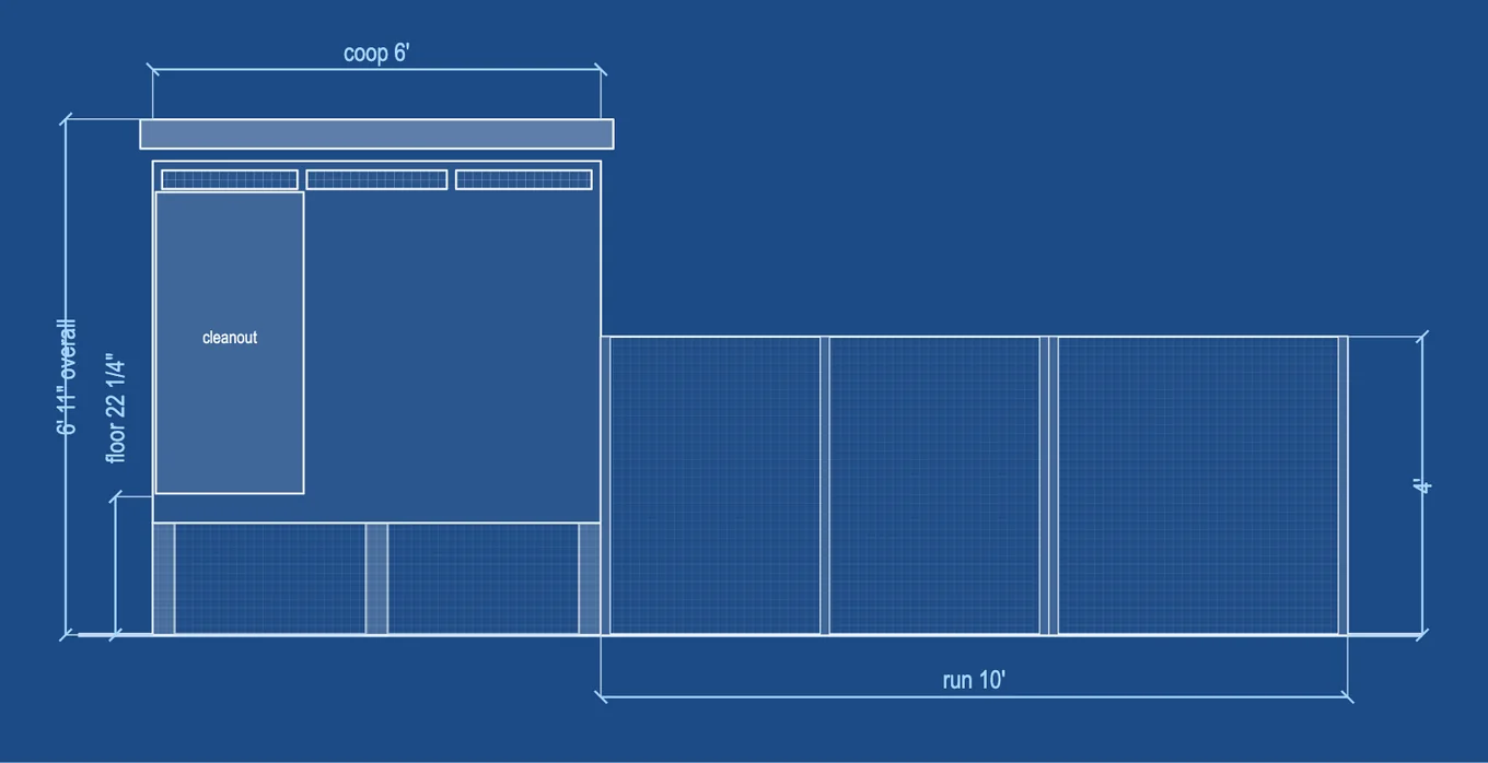 Front elevation of a lean-to chicken coop for 6 standard hens: a 6 by 4 ft coop raised 22 1/4 in on legs with a cleanout door and a single-slope roof, 6 ft 11 in tall, and a 10 ft run 4 ft high in hardware cloth