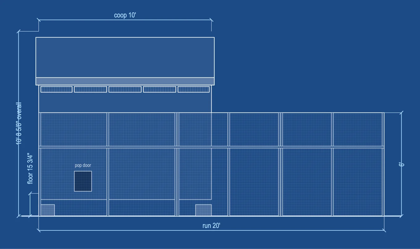 Front elevation of a walk-in chicken coop for 12 standard hens in a cold climate: a 10 by 6 ft coop with a gable roof, five vents under the eaves and a pop door, 10 ft 8 5/8 in tall overall, and a 20 ft walk-in run 6 ft high in hardware cloth