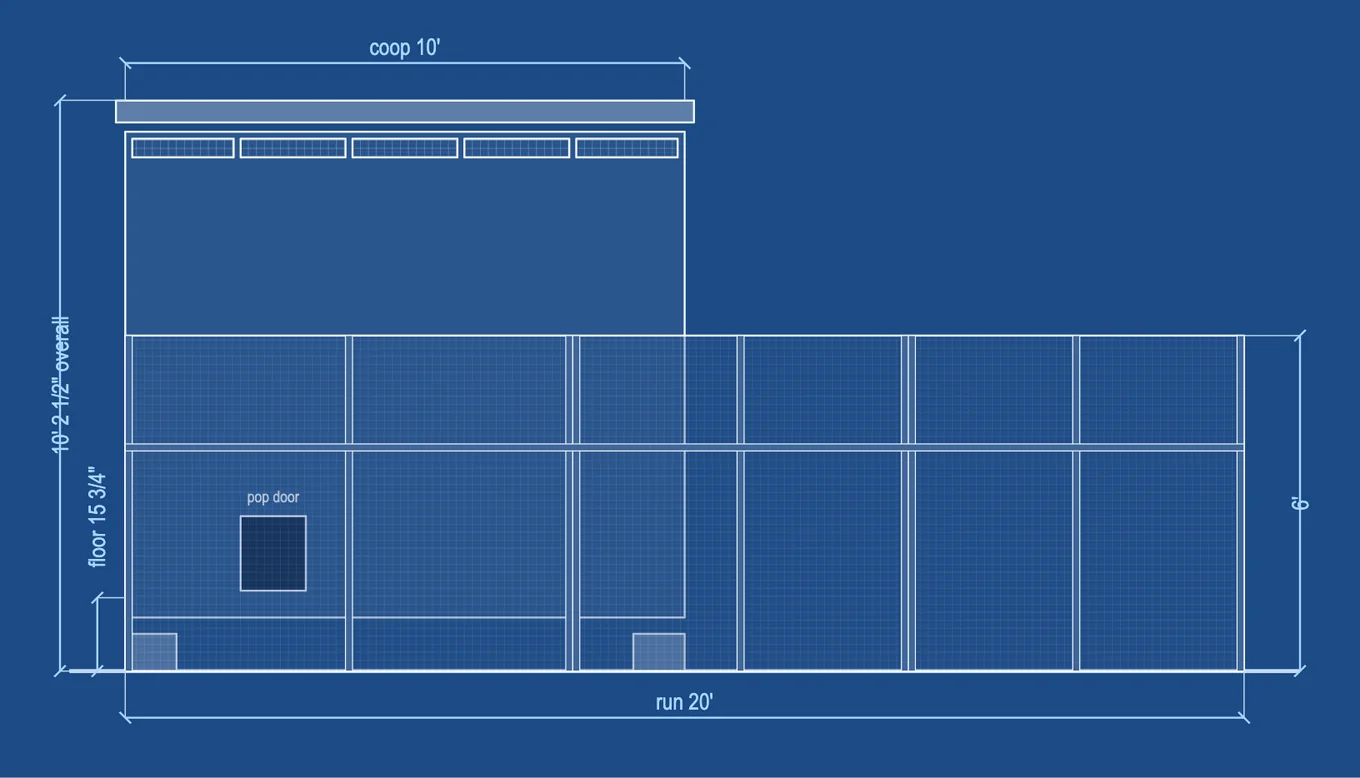 Front elevation of a walk-in chicken coop for 10 large-breed hens in a hot climate: a 10 by 6 ft coop with a single-slope shed roof and a row of vents, 10 ft 2 1/2 in tall, and a 20 ft walk-in run 6 ft high in hardware cloth